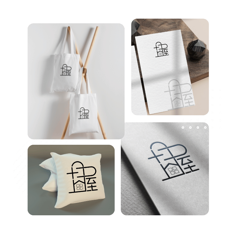 Brand identity mockups including tote bags, pillow, and embossed paper designs with minimalist architectural logo