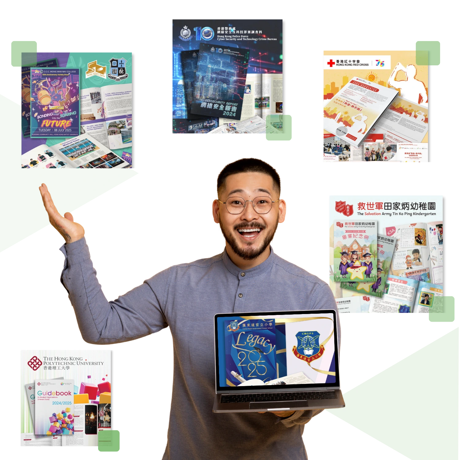 Designer showcasing diverse print design portfolio including publications, flyers, guidebooks, and digital projects