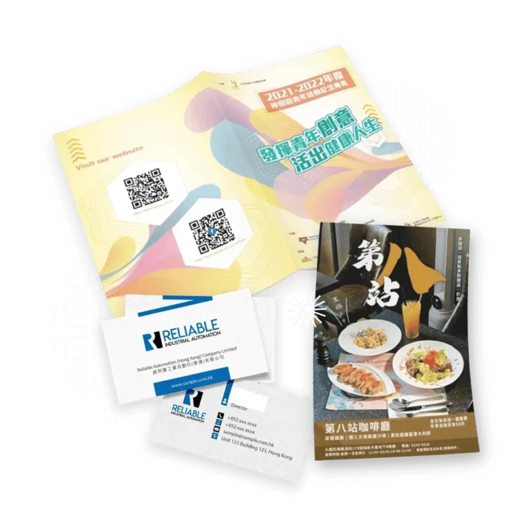 Print collateral design samples including colorful brochures, business cards, and restaurant promotional materials