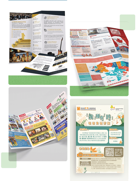 Collection of institutional brochures, community guides, and educational program materials with integrated design elements