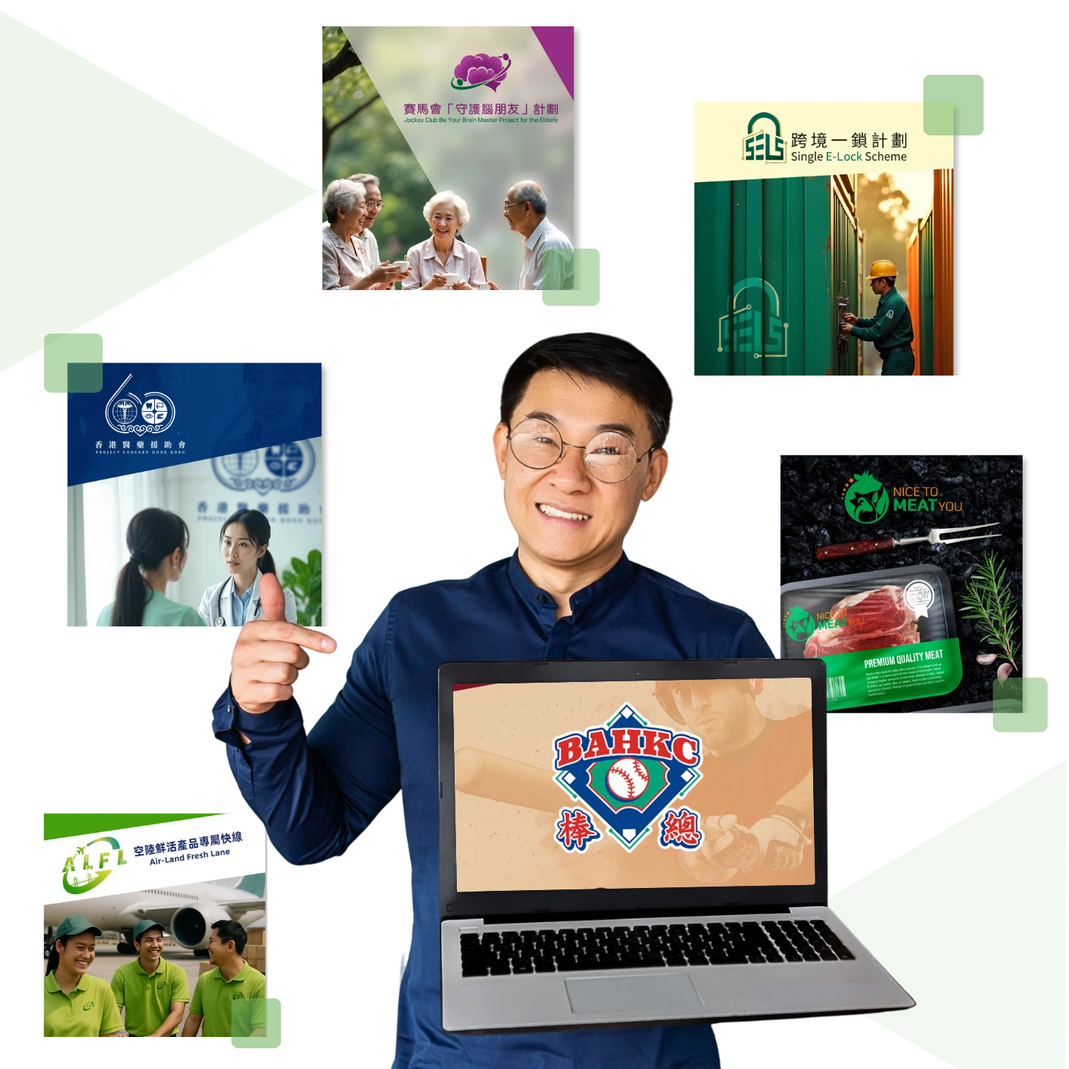 Designer showcasing diverse branding projects across healthcare, housing, sports, food, and travel industries with laptop display