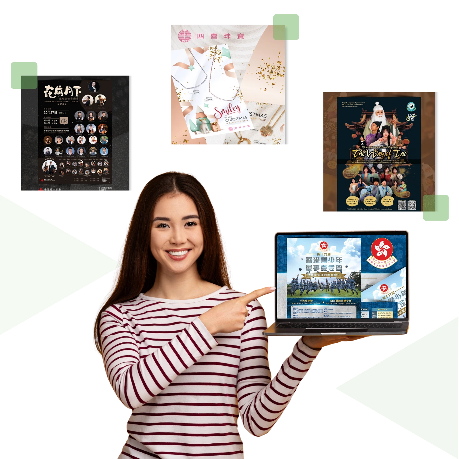 Designer showcasing laptop display and multiple print design projects across different event and publication categories