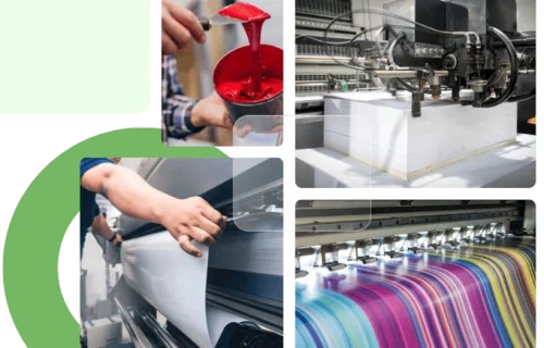 Industrial manufacturing and print production facility with textile rolls and professional equipment
